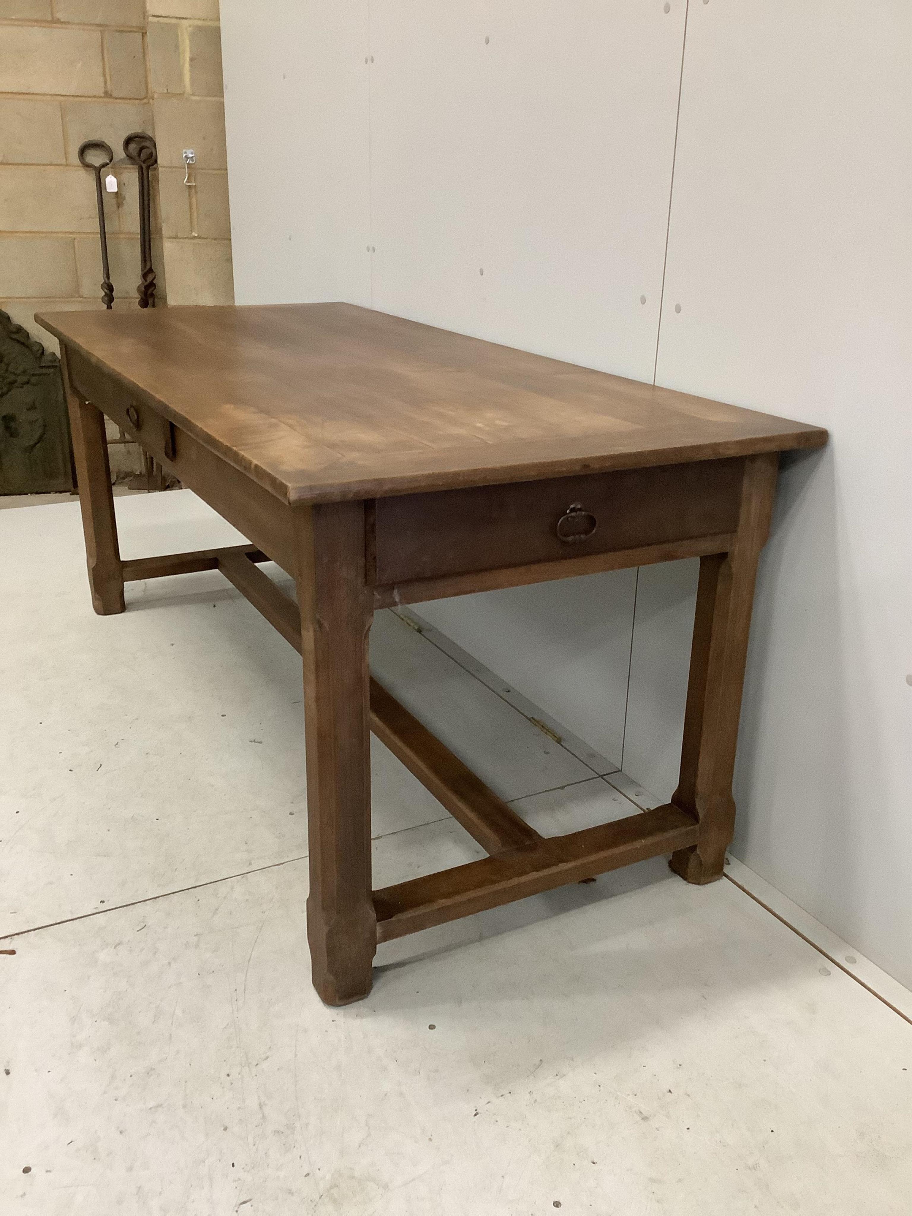 A rectangular French cherry kitchen table, width 179cm, depth 79cm, height 76cm. Condition - fair to good